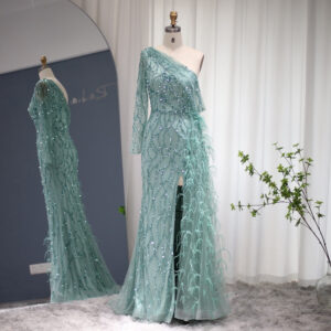 Luxury Feathers Mermaid Evening Dress with Overskirt One Shoulder High Slit Prom Dresses for Wedding Party