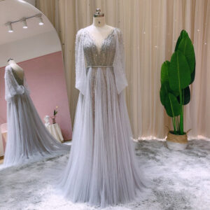 Luxury Silver Gray Evening Dress for Women Wedding Party Cape Sleeves Elegant Arabic Long Tulle Formal Prom Gowns