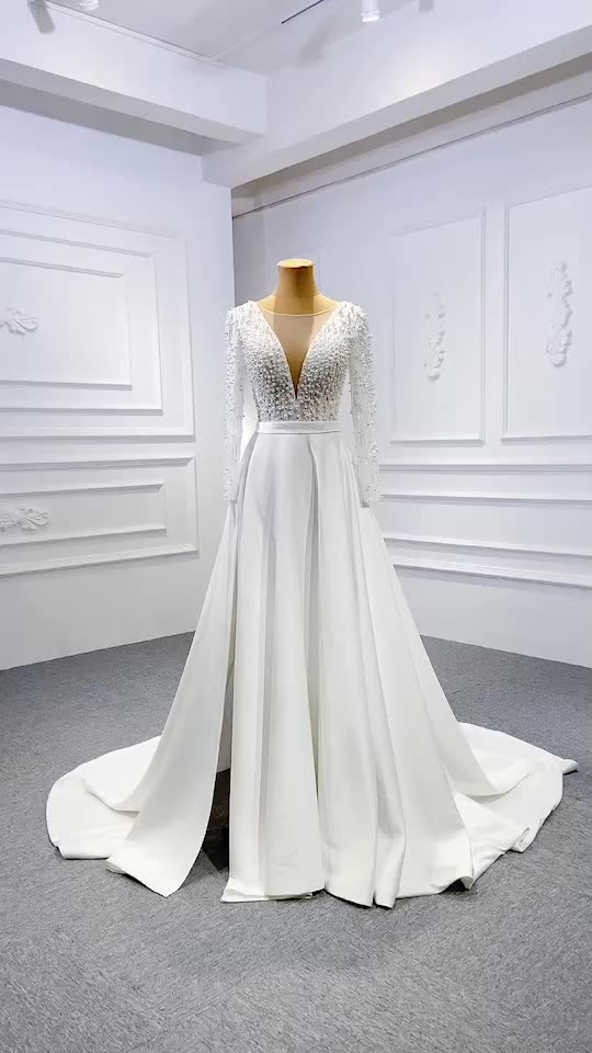 Long Sleeve Full Pearls Princess Ball Gown Wedding Dress - Image 2