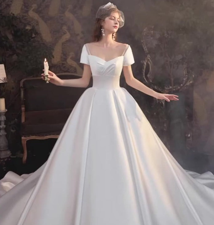 High Quality Simple Short Sleeve Long Train Wedding Dress Bridal Gowns