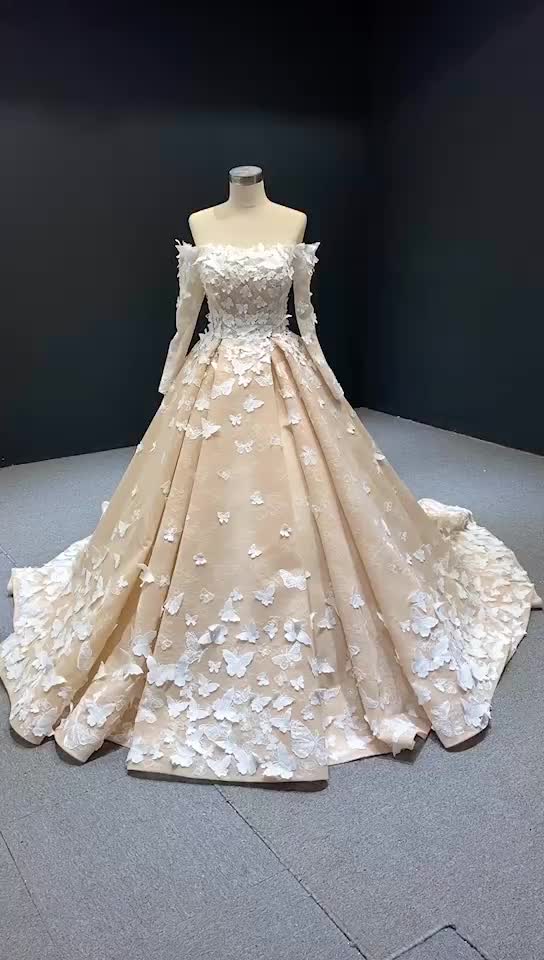 Wedding Dress Champagne Elegant 3d Flower Applique Off Shoulder Long Sleeves Wedding Gown - Image 2