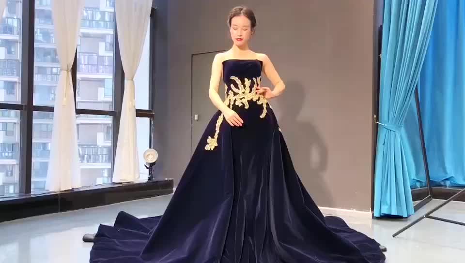 Real luxury high quality gold applique with belt empire waist hot selling evening dresses - Image 3