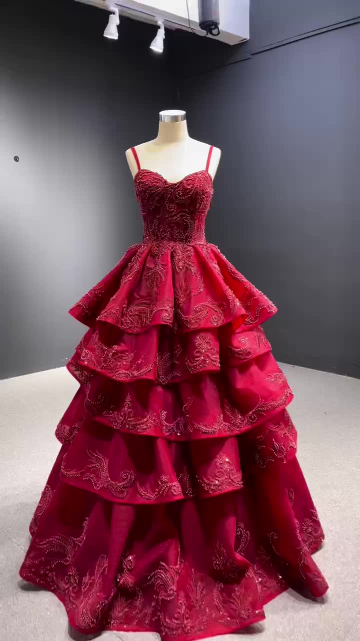 Red Wedding Dress Suspended Embroidered Cake Skirt Evening Dress - Image 2