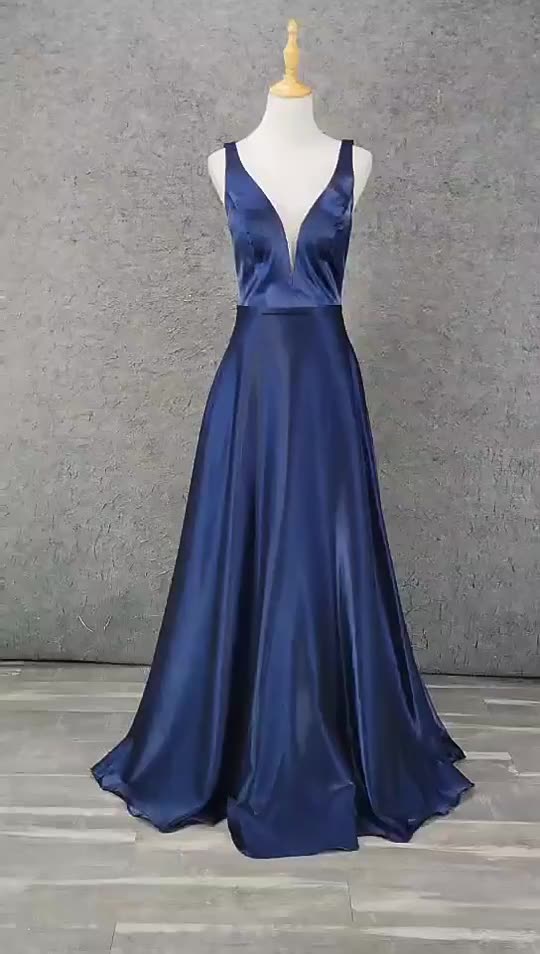 Double Shoulder Deep V Neck Sexy Gorgeous Dress Satin Navy Women'S Dress - Image 2