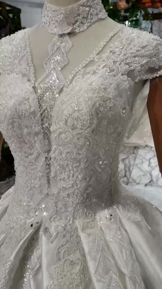 high neck cap sleeves satin cinderella luxury wedding gowns - Image 2
