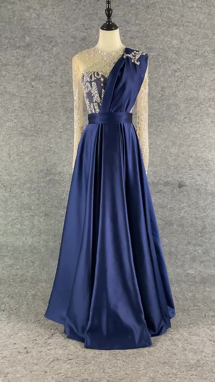 Evening Dress New Evening Dress Long Sleeve Light Luxury Beaded A Swing Dress Elegant Temperament Lace Prom - Image 3