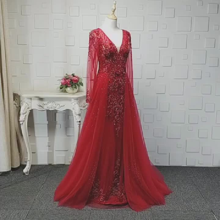 Full Sleeve V-Neck Brush Train Party Dress Illusion Beading A-Line Crystal Evening Dress