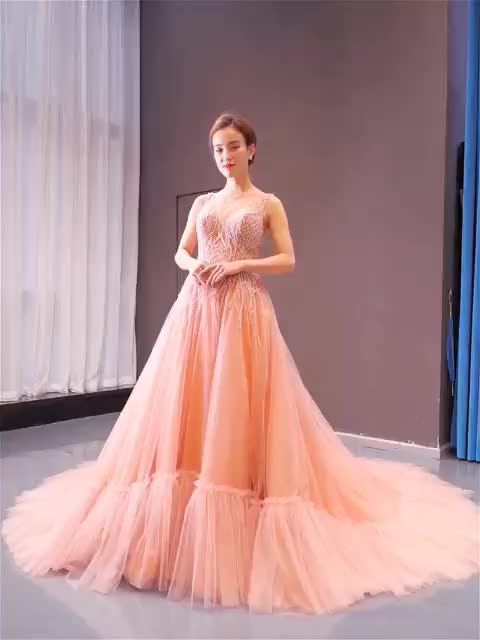 high quality pink long train lace sexy evening dresses - Image 2