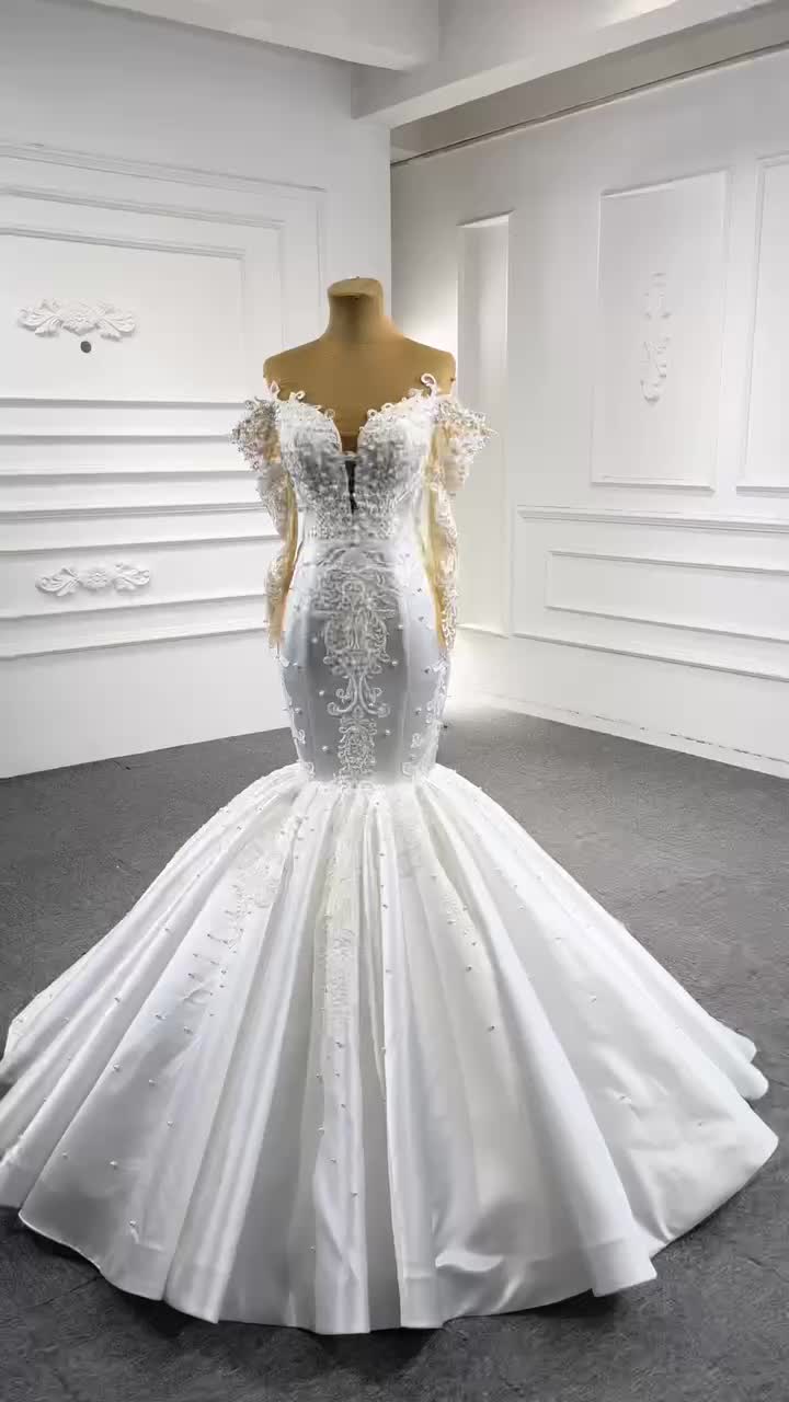 2022 Luxury Newest Design Tube Top Long Sleeve Satin Vintage Beaded Mermaid Bridal Wedding Dress - Image 2