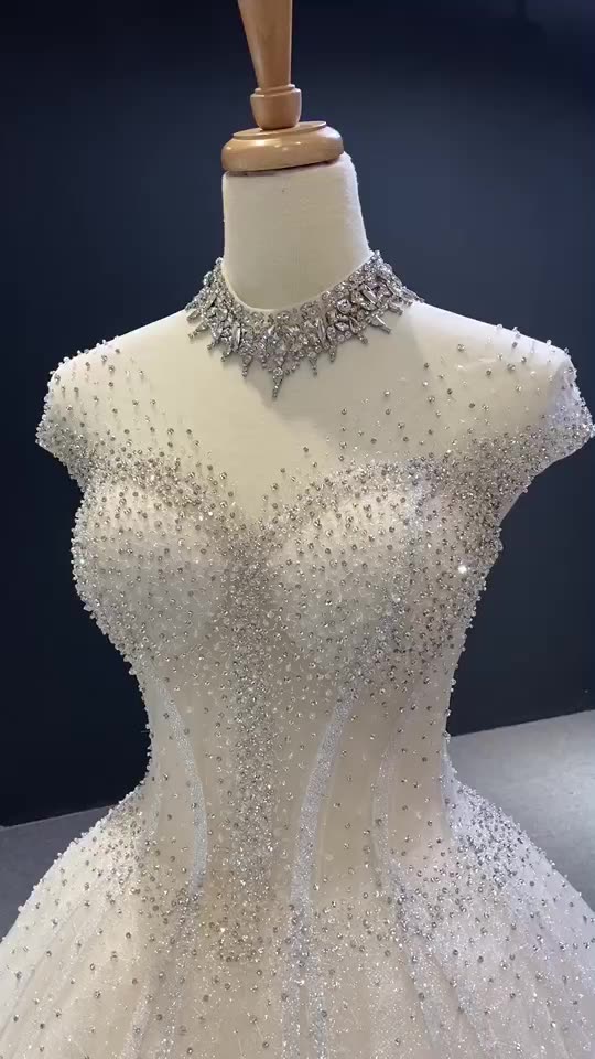 High Neck Beach Heavy Beaded Luxury See Though Wedding Gown - Image 3
