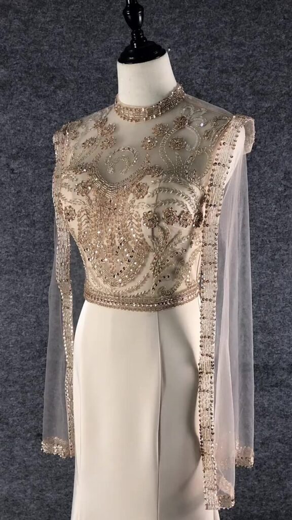 Ladies New Elegant Long Sleeve Lace Embroidered Pearl Slim Evening Dress