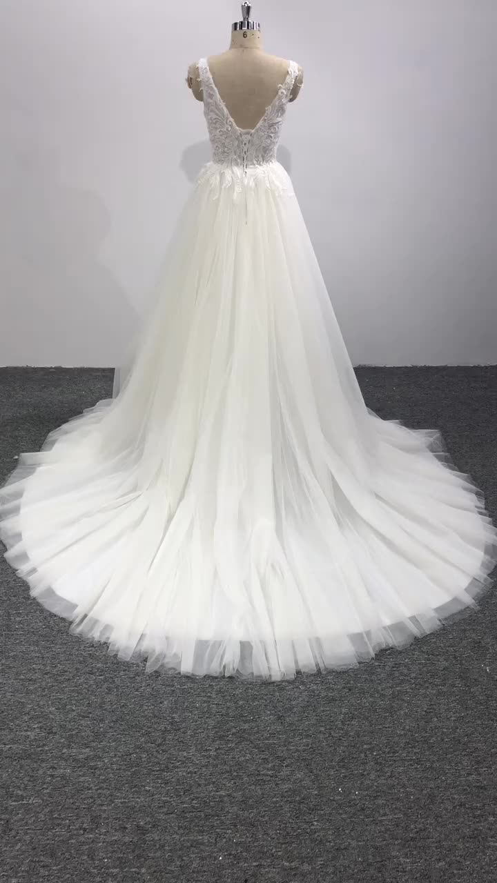 Ladies Formal Lace Deep V Beach Fashion Summer Wedding Bridal Dress - Image 2