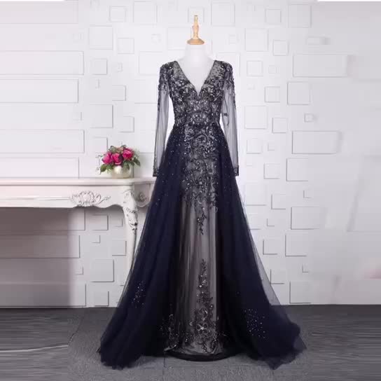 Full Sleeve V-Neck Brush Train Party Dress Illusion Beading A-Line Crystal Evening Dress