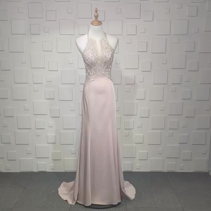 Pink Halter Necklace Beading Sheath Evening Dresses - Image 2