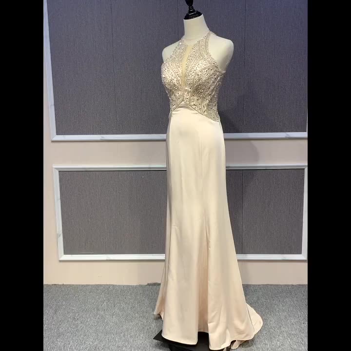 New Elegant Suspending Neck Pearl Sequined White Bridal Evening Dress