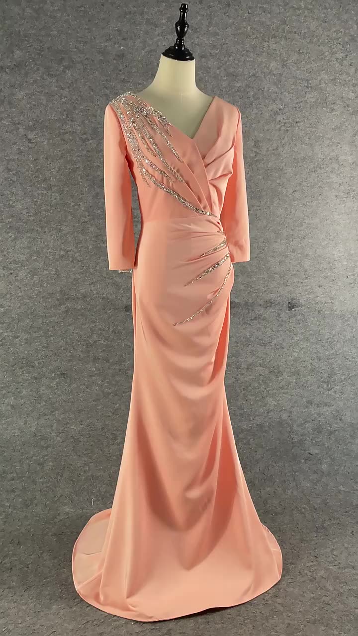 Pink Three-Quarter Sleeve Fishtail Sequin Evening Dress - Image 3
