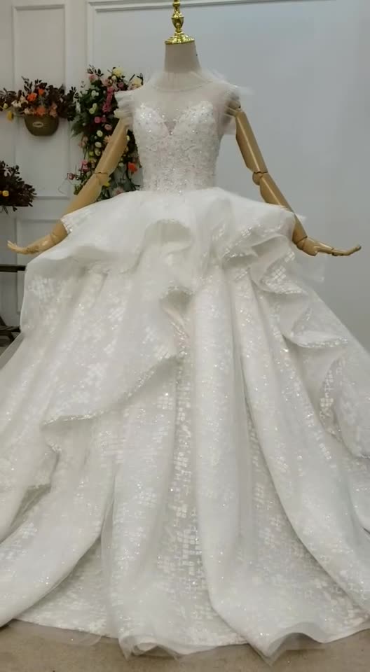 High Neck Lace Applique Cathedral Train Wedding Gown Dress - Image 2