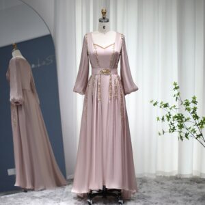 Rose Gold Moroccan Kaftan Long Sleeve Evening Dress for Women Wedding Party Arabic Engagement Formal Gowns