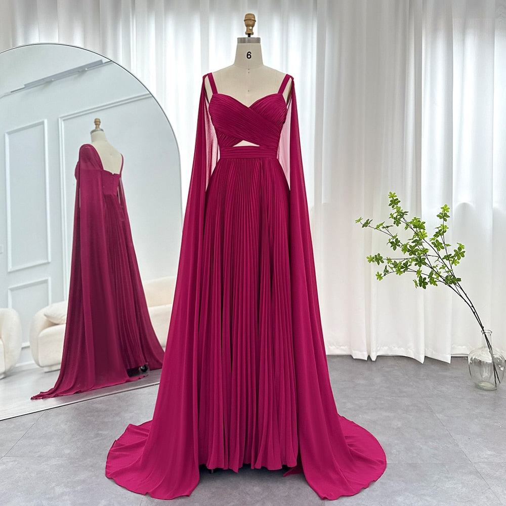 Fuchsia Chiffon Evening Dresses with Cape Sleeves Elegant Yellow Women Wedding Party Formal Gowns