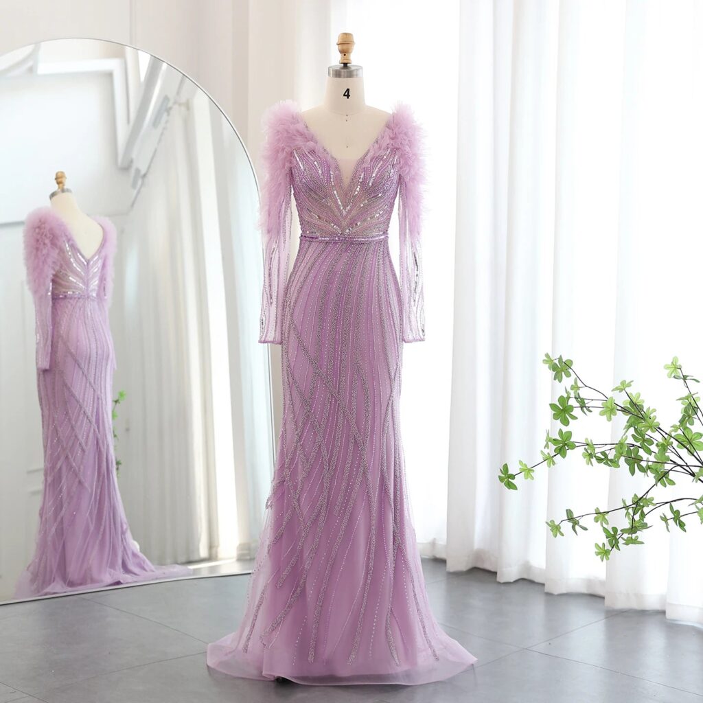 Luxury Long Sleeves Mermaid Lilac Evening Dress for Women Wedding Elegant V-Neck Blue Formal Party Gowns