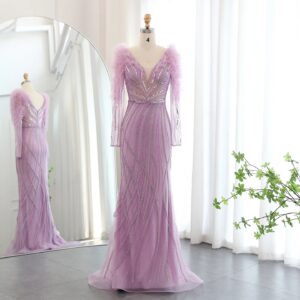 Luxury Long Sleeves Mermaid Lilac Evening Dress for Women Wedding Elegant V-Neck Blue Formal Party Gowns