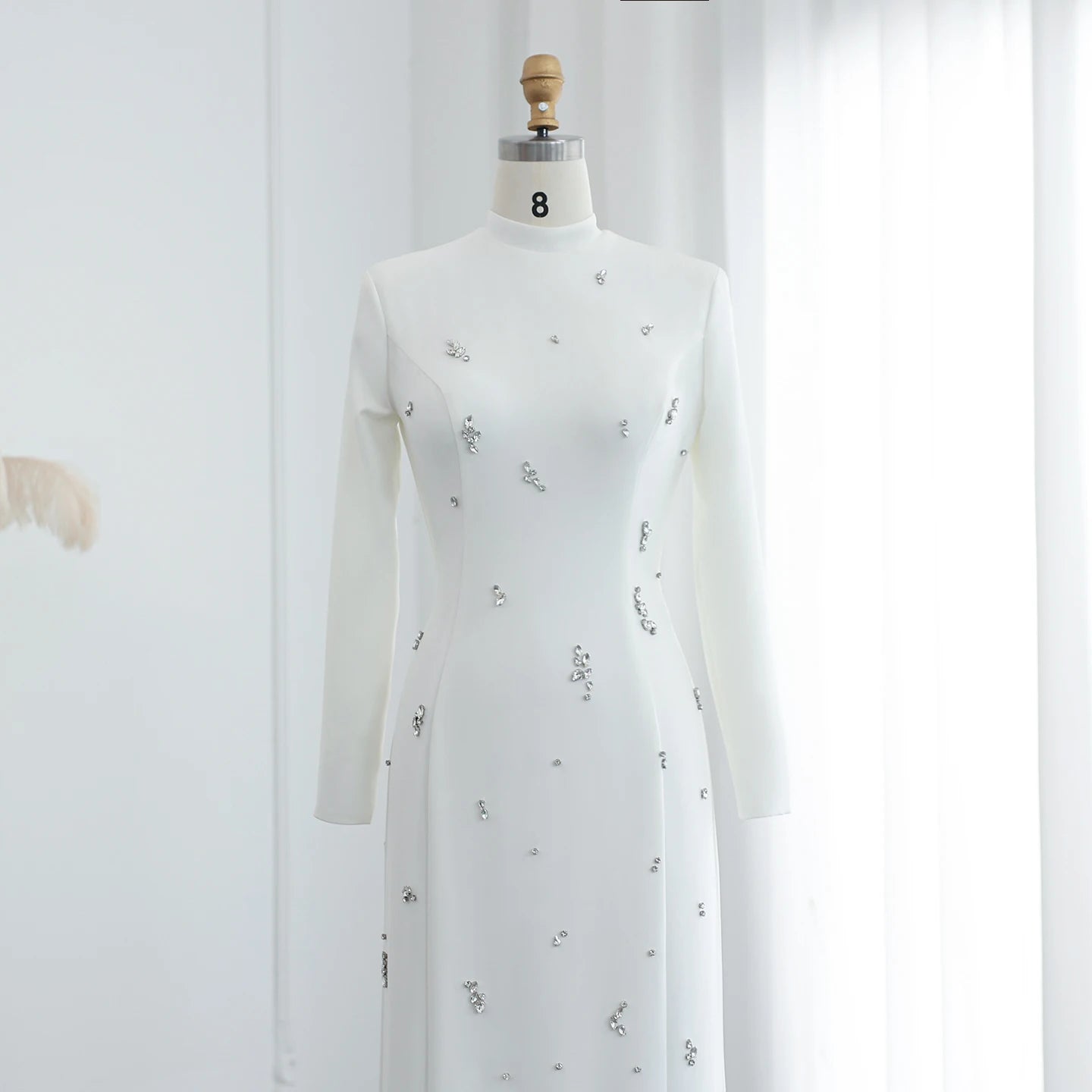 High Neck Straight White Satin Arabic Evening Dress For Women Wedding Beads Slit Long Sleeves - Image 2