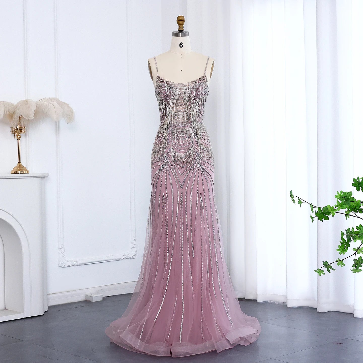 Luxury Crystal Tassel Mermaid Evening Dress with Spaghetti Straps Nude Pink Long Prom Party Gowns - Image 3