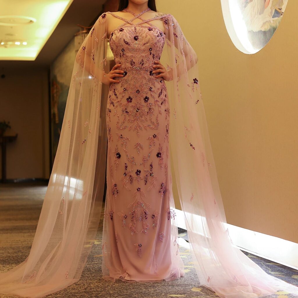 Luxury Lilac Evening Dresses with Cape Sleeves Criss Cross Elegant Arab Women Wedding Party Gowns