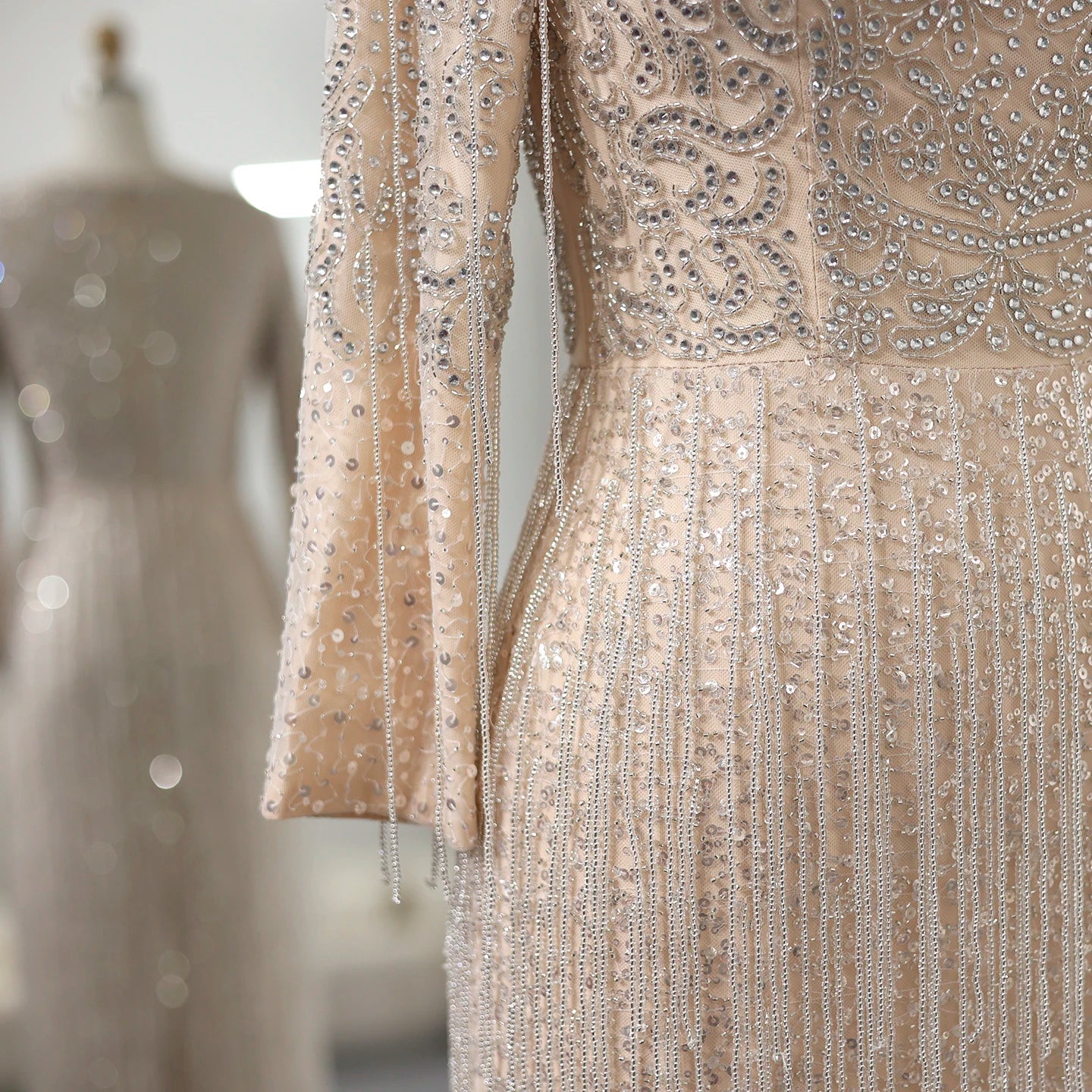 Luxury Beading Tassel Silver Nude Evening Dress Long Sleeves Arabic Women Midi Wedding Party Gown - Image 7