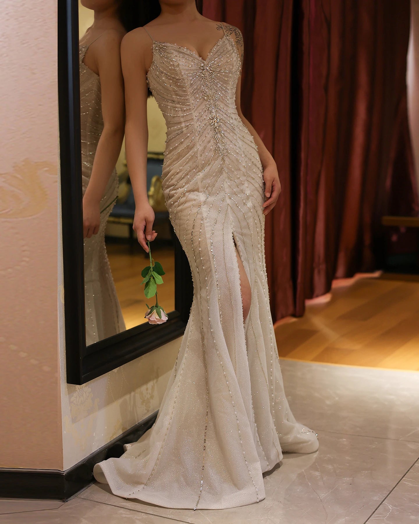 Crystal Luxury Mermaid White Wedding Dresses for Women Spaghetti Straps Front Slit Bridal Gowns - Image 7