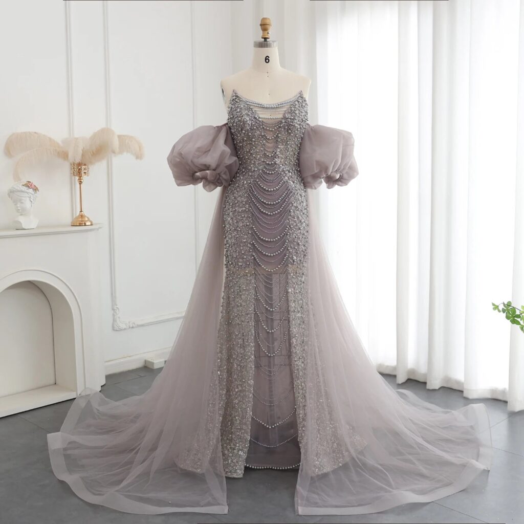 Luxury Pearls Purple Mermaid Evening Dress with Cape Sleeves Tassel Wedding Party Gowns