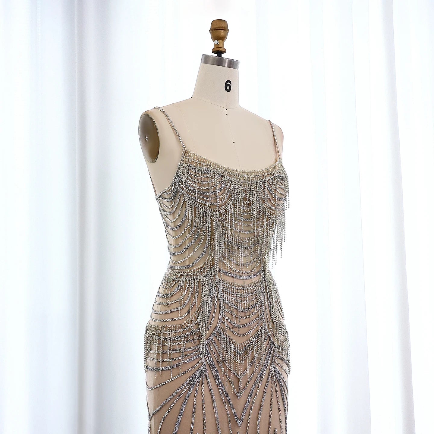Luxury Crystal Tassel Mermaid Evening Dress with Spaghetti Straps Nude Pink Long Prom Party Gowns - Image 9