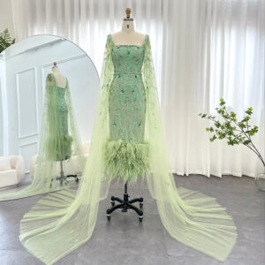 Luxury Feathers Evening Dress with Cape Sleeves Ankle Length Midi Wedding Party Gowns