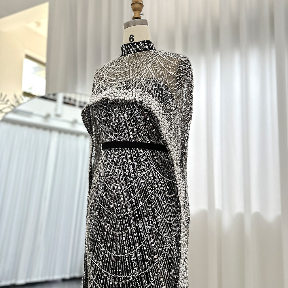 Luxury Pearls Champagne Evening Dresses with Cape Women Mermaid Wedding Party Prom Dress - Image 25