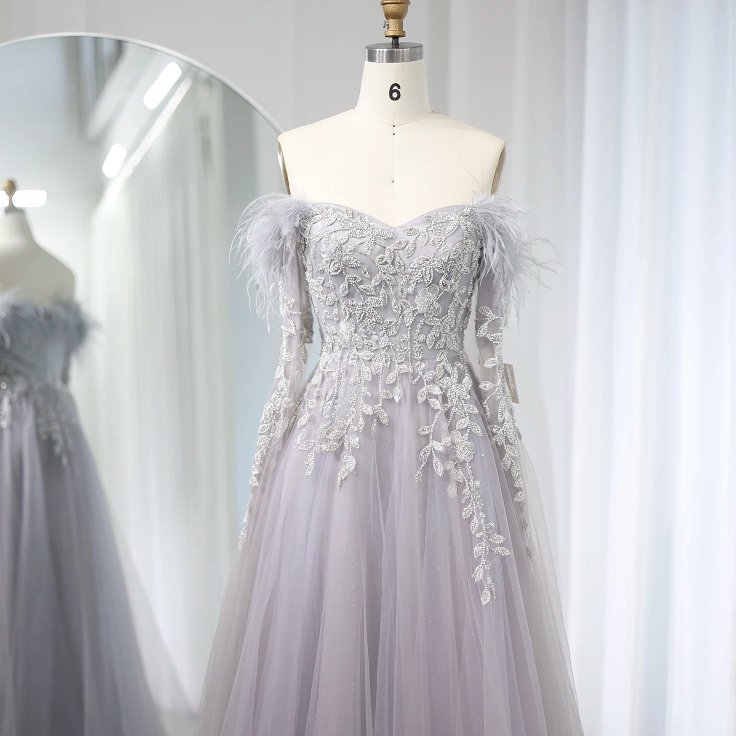 Luxury Feathers Gray Purple Evening Dress with Cape Sleeve Elegant Off Shoulder Lilac Wedding Party Gown - Image 11