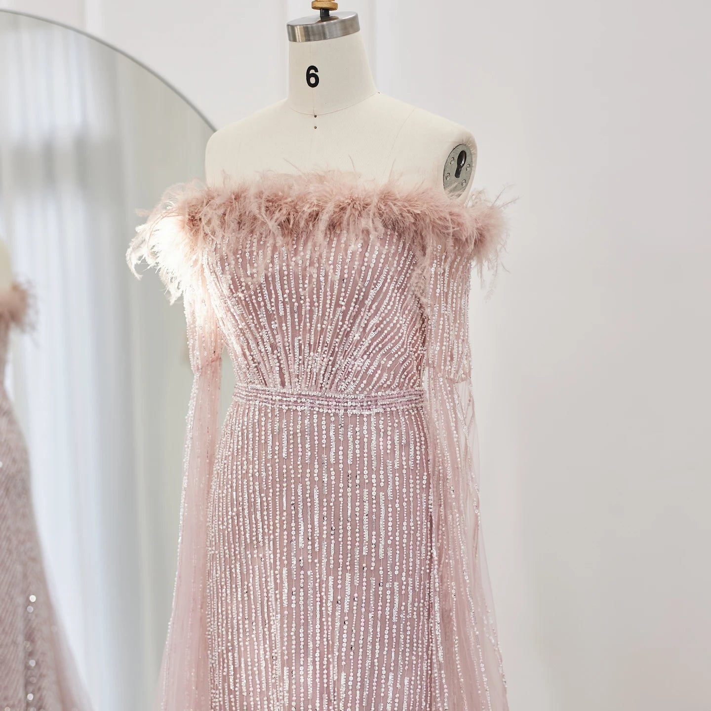 Luxury Feathers Mermaid Sage Green Evening Dresses with Cape Sleeves Pink Yellow Wedding Party Gowns - Image 8