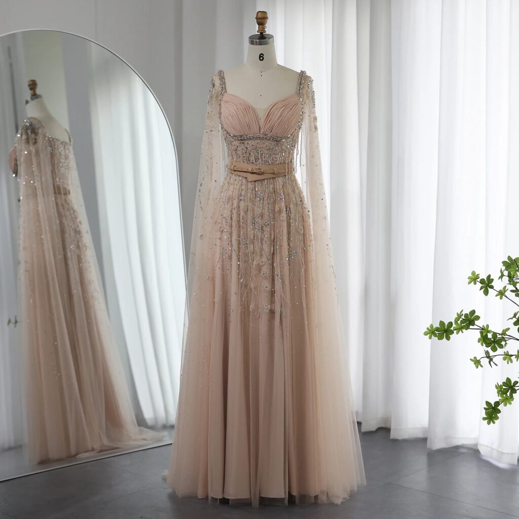 Champagne Evening Dresses Luxury Beaded Tassel High Slit Women Wedding Party Dress