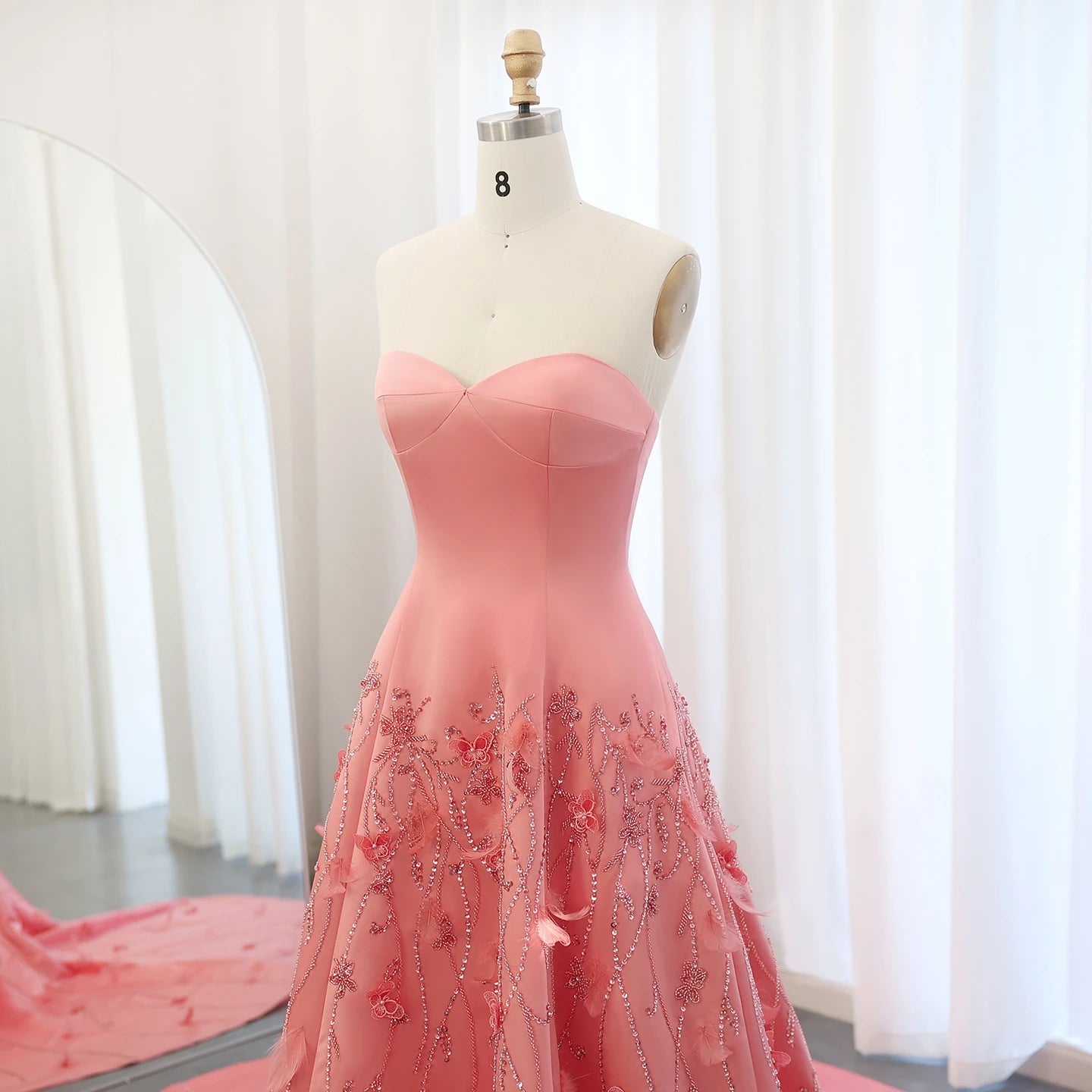 Luxury Feathers Coral Pink Evening Dresses 3D Flowers Sweetheart Long Women Wedding Formal Party Dress - Image 6