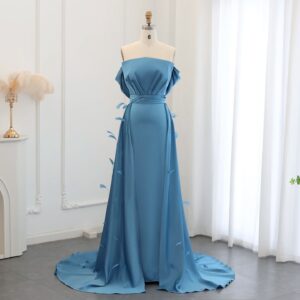 Turquoise Blue Luxury Feathers Evening Dress with Overskirt Cap Sleeves Women Wedding Party Dress