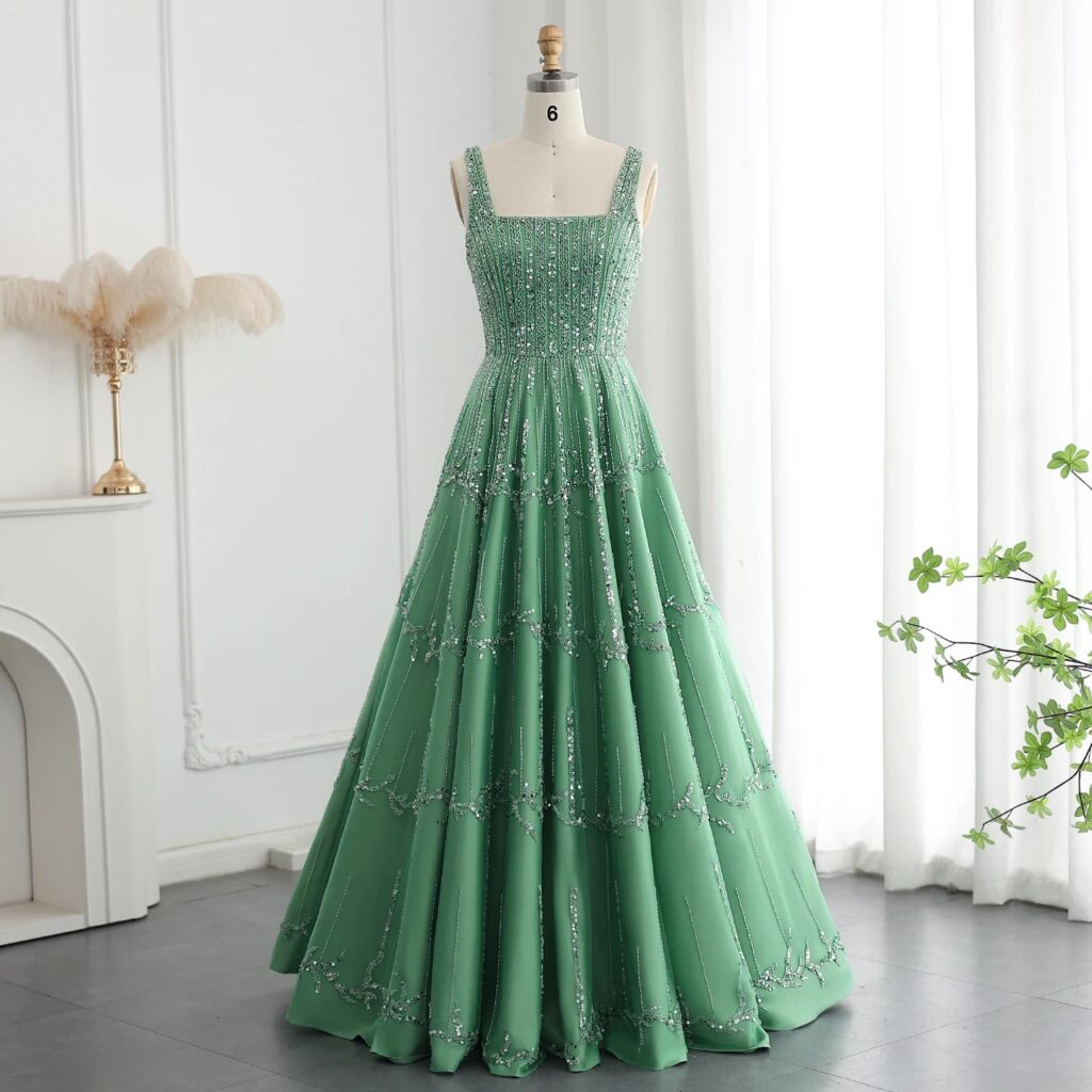 Luxury Beaded Green Evening Dresses with Spaghetti Straps Arabic Women Wedding Party Gowns