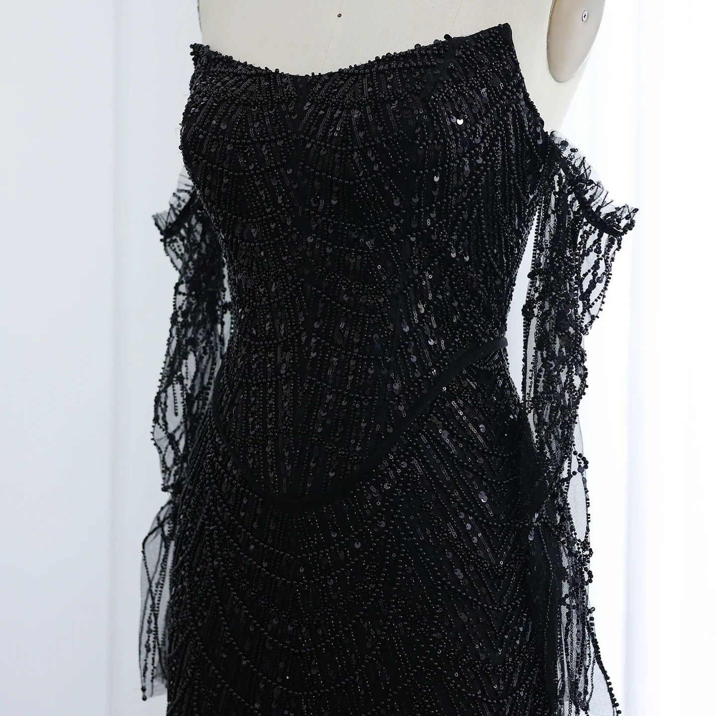 Beads Black Mermaid Long Sleeve Arabic Evening Dress for Women Party Formal Dress Dubai Prom Dress - Image 3