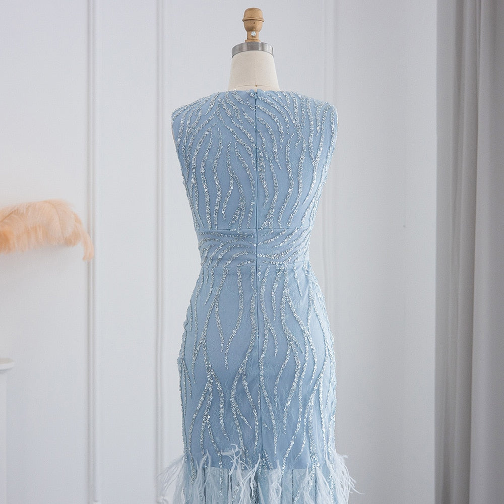 Elegant Lace Midi Evening Dress with Feathers Beading Formal Dresses for Wedding Party - Image 9