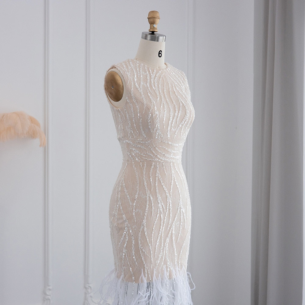 Elegant Lace Midi Evening Dress with Feathers Beading Formal Dresses for Wedding Party - Image 12