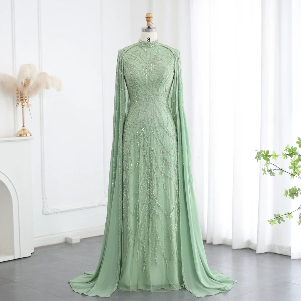 Beaded Sage Green Muslim Evening Dresses with Cape Long Sleeves Arabic Women Wedding Party Gown