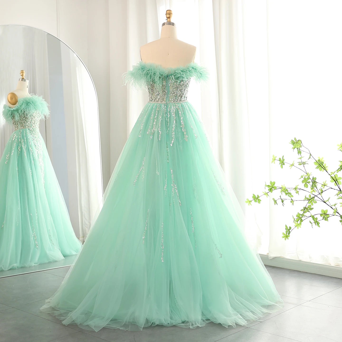 Luxury Feathers Lilac Evening Dress with Overskirt Side Slit Blue Green Women Wedding Party Gowns - Image 16