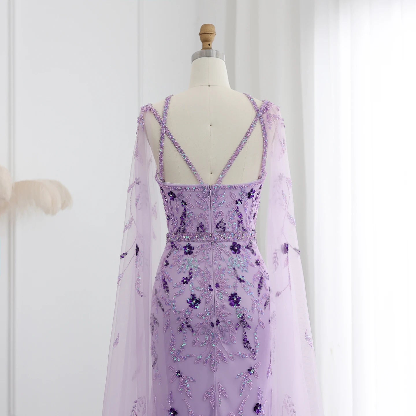 Luxury Lilac Evening Dresses with Cape Sleeves Criss Cross Elegant Arab Women Wedding Party Gowns - Image 10