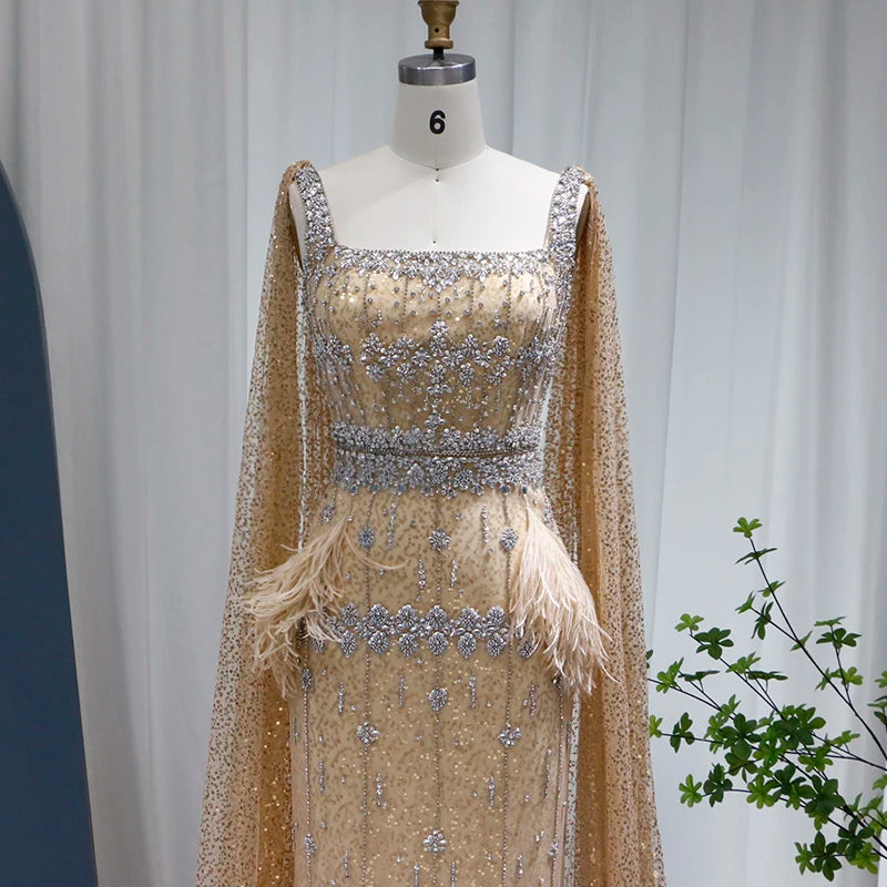 Mermaid Evening Dress with Cape Luxury Feather Formal Dresses for Women Wedding Party - Image 40