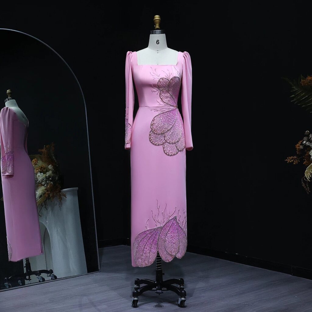 Elegant Pink Beaded Luxury Evening Dress Long Sleeves for Women Wedding Party Square Neckline
