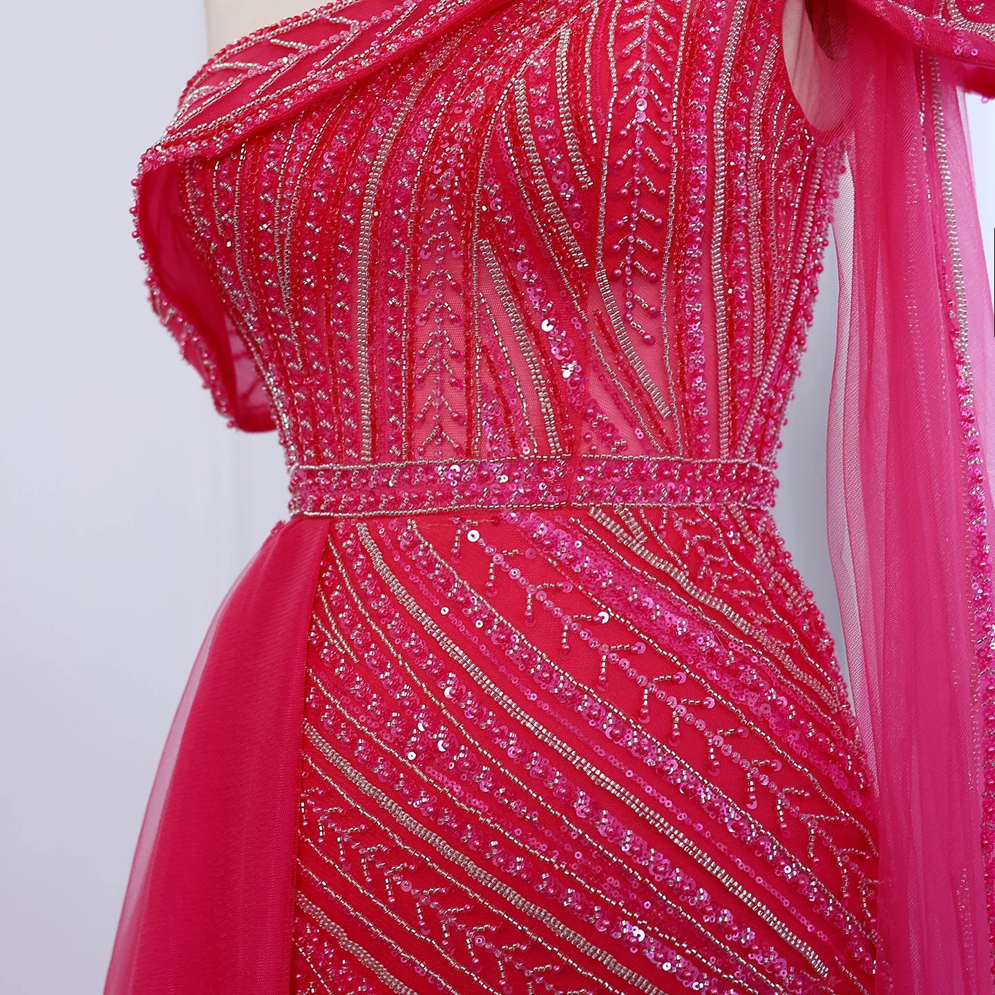 Elegant One Shoulder Fuchsia Luxury Evening Dress with Cape Sleeve Overskirt Formal Party Gown - Image 8
