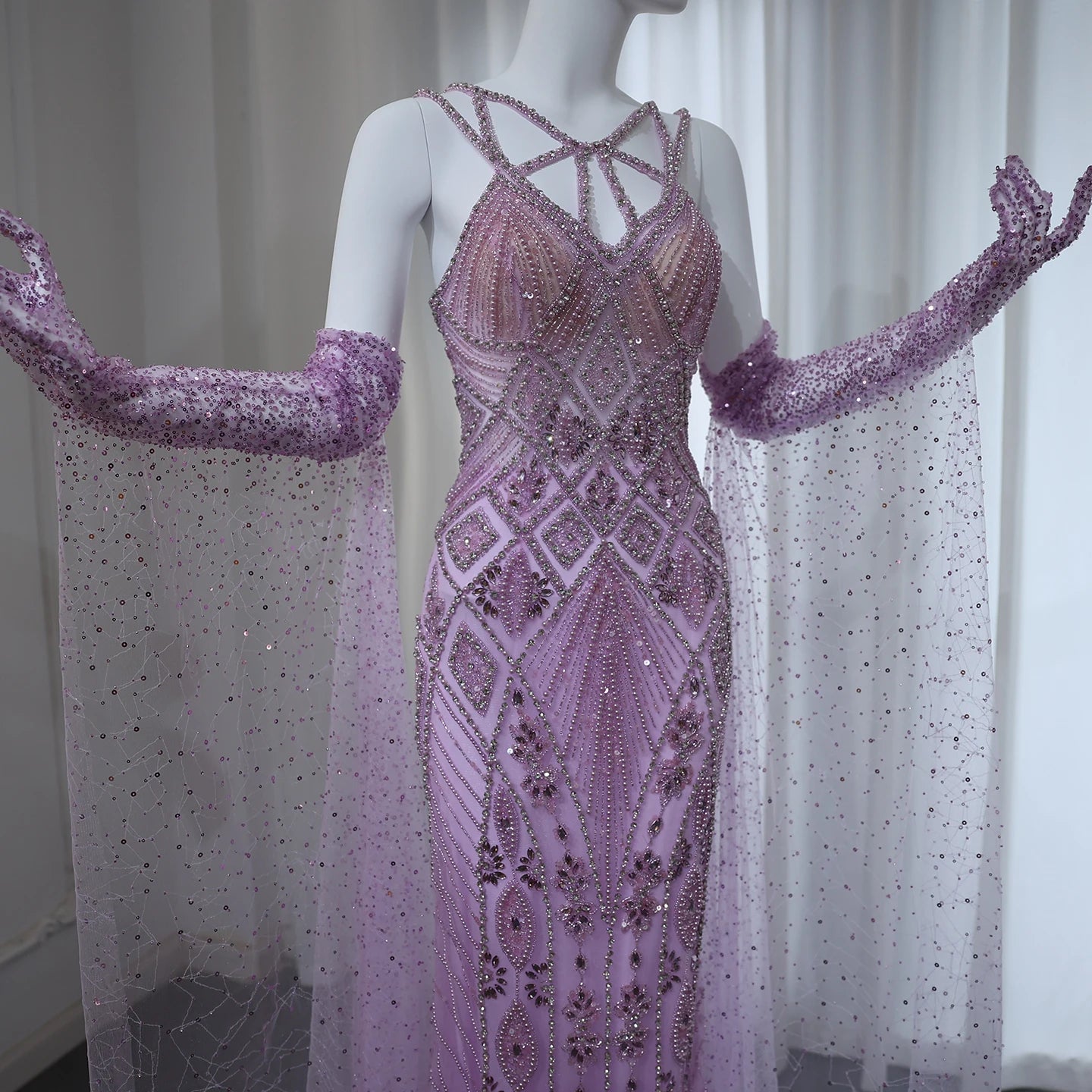 Luxury Lilac Evening Dresses with Gloves Cape Sleeves Long Straight Beyonce Celebrity Prom Party Gowns - Image 9